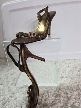 Pelle Moda Metallic Bronze Slingback Heels with Rhinestone Buckle